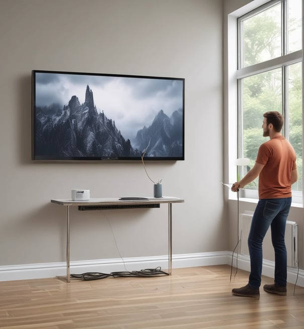 A hand is holding a boxed product labeled 'Home' with the Google logo, indicating it's a voice-activated speaker by Google. The background includes a partially visible tree and a room setting with a fireplace.