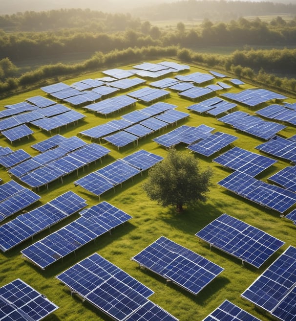 Two people are working with solar panels in a garden surrounded by vegetation. One person stands on a ladder installing or inspecting the panels. The area is bordered by tall hedges and trees, and a red house is visible in the background under a clear blue sky.