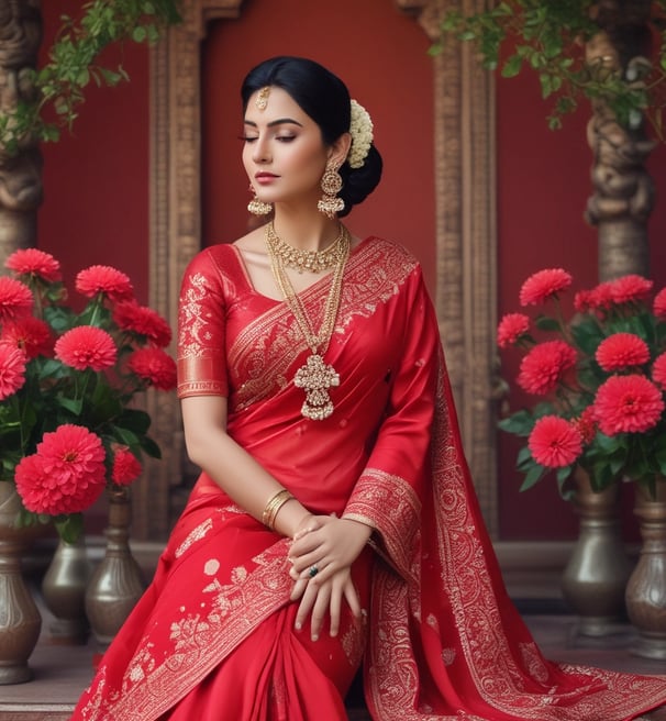 A woman stands in a busy urban setting, wearing traditional clothing with intricate patterns. She is wrapped in a shawl and appears to be holding a small object. The background shows other people walking and sitting, with a large building featuring classical architectural elements.