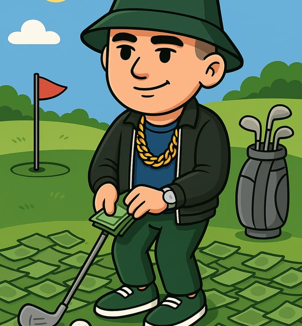  Hustensaft Jüngling beim Golfspielen auf einem gepflegten Grün. Die Figur trägt elegante Freizeitkleidung im Designer-Stil u