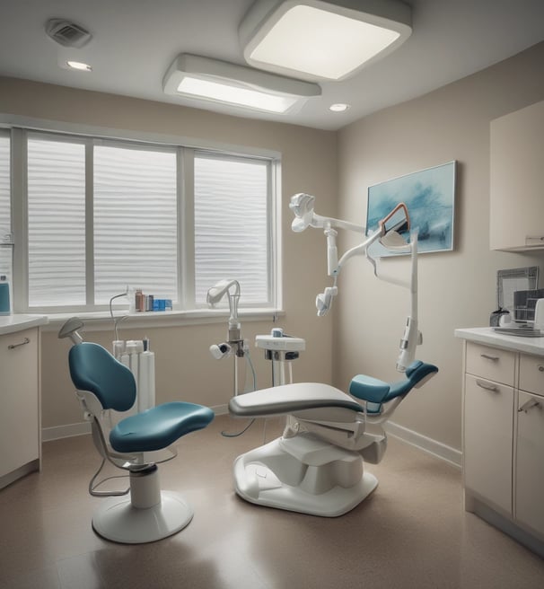 A person in a blue shirt with the logo 'Angels for Humanity' provides dental care to a young patient lying on a dental chair. The setting appears to be a makeshift dental clinic with blue medical equipment and supplies on tables. Other team members in similar attire are visible in the background, some attending to other patients.