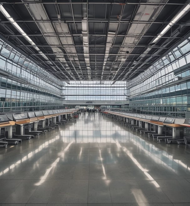 A spacious airport terminal corridor featuring a high, curved ceiling with large windows for natural light. Signs for international departures, immigration, and health services are prominently displayed. People are seen walking and pulling luggage, and a coffee shop is located to the left. The area has a modern design with patterned flooring.