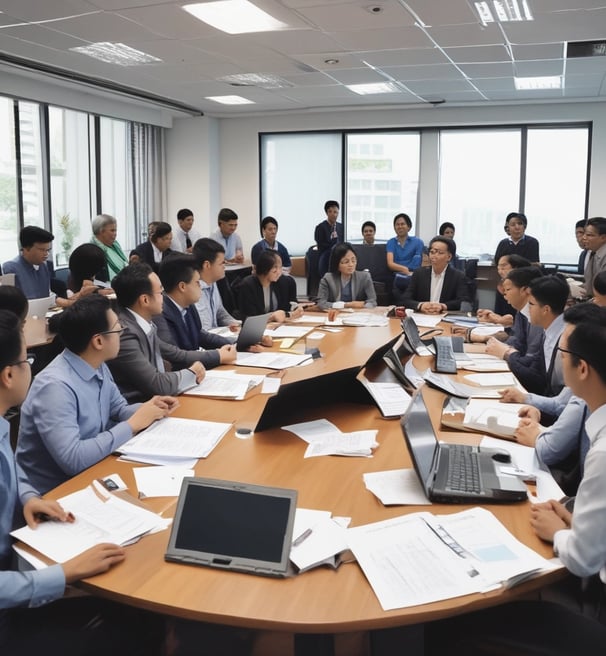 Two people are standing in front of a whiteboard containing various colorful sticky notes. The notes are arranged in a grid and each one has a word or phrase related to company values, such as 'Culture', 'Vision', 'Diversity', and 'Respect'. One person is gesturing towards the board, wearing a blue sweater, while the other is observing attentively, dressed in a red jacket.