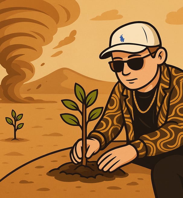 Hustensaft Jüngling pflanzt einen jungen Baum auf trockenem Wüstenboden, während im Hintergrund ein Sandsturm aufzieht.