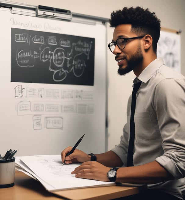 Two individuals stand in front of a whiteboard covered with multicolored sticky notes and arrows. One person points towards the whiteboard, which has handwritten words like 'User-Generated Content', 'Engagement', 'Event', and 'Social Wall'. The setting appears to be a collaborative or educational environment.