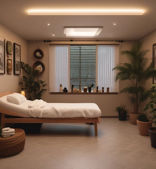 A cozy room with a massage table covered by a dark blanket, a stool with a patterned cushion, a woven wall art decoration, a small table with two bottles, and a tall lamp beside the table. Natural light filters through the closed blinds on the window, and the room has a calm, spa-like ambiance.