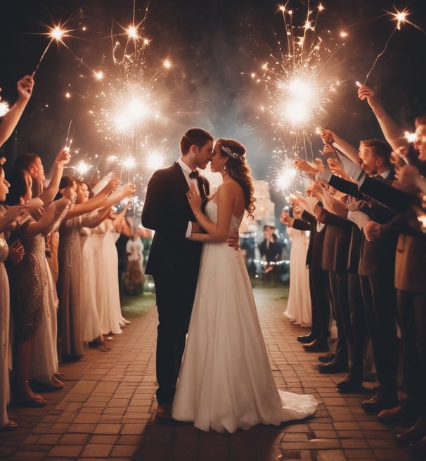 A wedding ceremony setup on a beach features an archway adorned with greenery and white flowers, surrounded by rows of white chairs arranged symmetrically facing the arch. The ocean waves gently roll in the background under a cloudy sky with a hint of sunlight breaking through the clouds along the horizon.