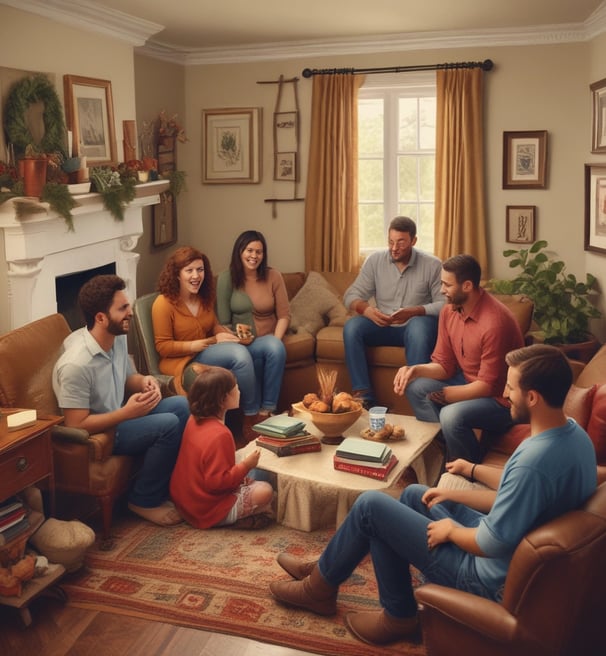 A group of people gathered indoors, engaged in an activity that seems to involve contemplation or prayer. The central figure is a man in a striped shirt, with hands clasped together in front of his face and eyes closed. Other individuals in the background appear to be in similar postures, suggesting a unified or communal experience.