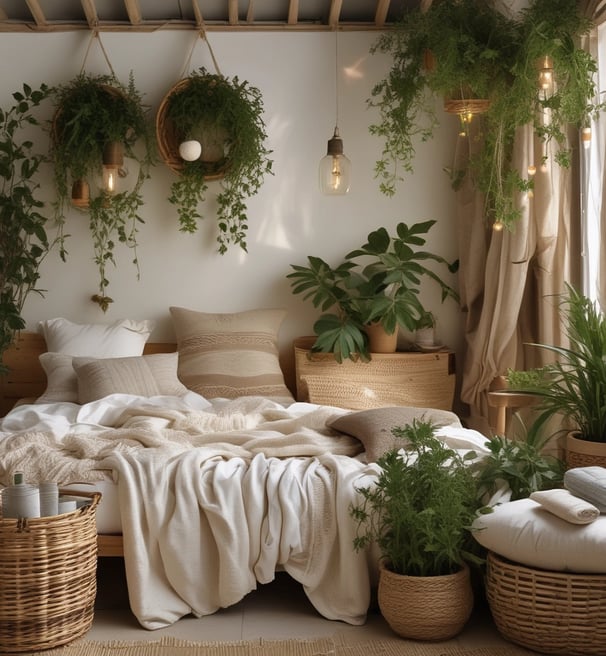 A wooden shelf in a store displays various handcrafted items such as cups, bowls, and utensils packaged in eco-friendly cardboard boxes. These items hang from hooks, showcasing earthy tones and rustic designs, with natural lighting emphasizing the warm atmosphere.