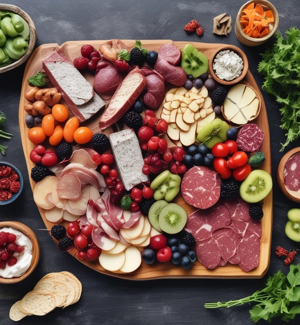 A richly stocked delicatessen displaying an array of cured meats, cheeses, and other gourmet foods. Various types of sausages and hams hang from the ceiling, while wheels of cheese and packaged goods are arranged on the countertop. There are shelves with wine bottles and boxes of pasta, creating a cozy and inviting atmosphere.