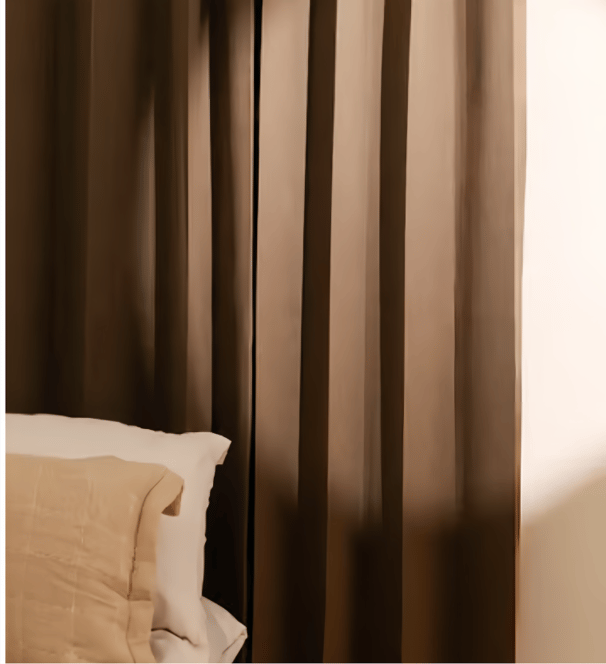 brown curtains, neutral curtains, neutral comforter
