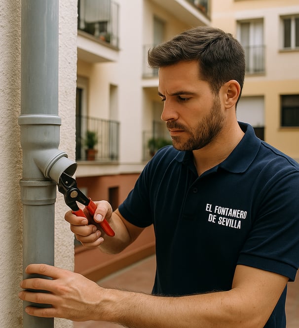 Un fontanero arreglando una bajante en un patio de Sevilla