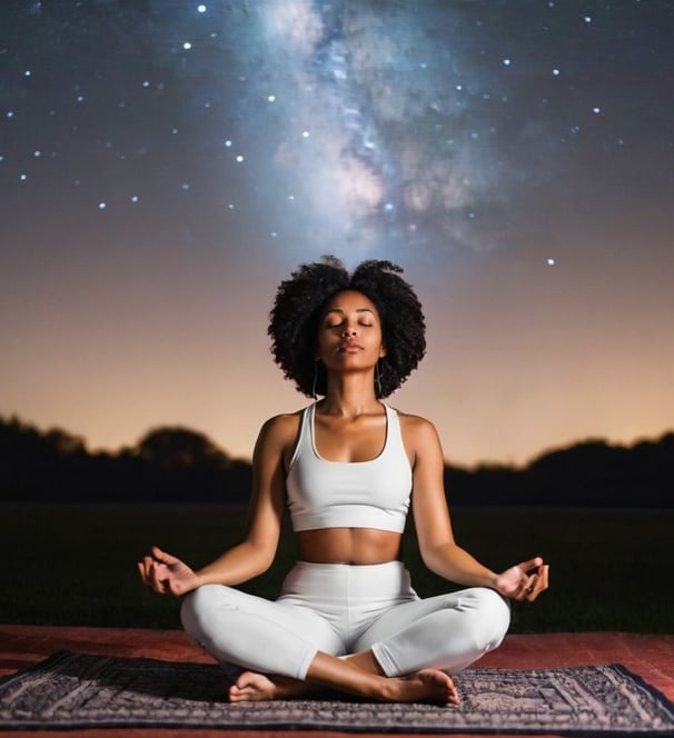 Image of a woman meditating beneath a starry sky.