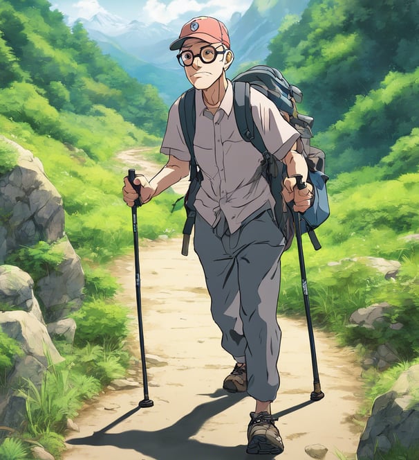 a trekking guide: a man of 40 years old with eye glass, without hair, with a baseball hat