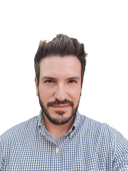 a man with a mustache and beard in a blue checkered shirt