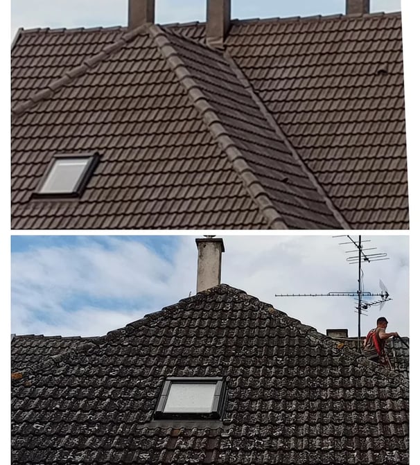 Comparatif avant et après nettoyage d’une toiture en tuiles, montrant la différence entre une toiture encrassée et une toitur