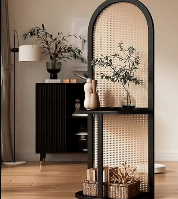 black and rattan shelving