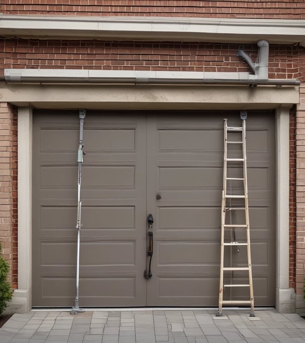 A red corrugated metal garage door with a smaller, matching door integrated into it. The surface is uniform with horizontal ridges and a few visible bolts and handles.