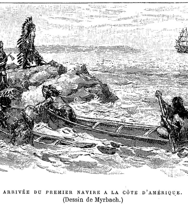 arrivée des premiers blancs en Amérique, gravure de Myrbach