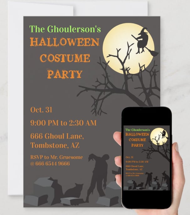 a person holding a cell phone in front of a halloween themed halloween costume party