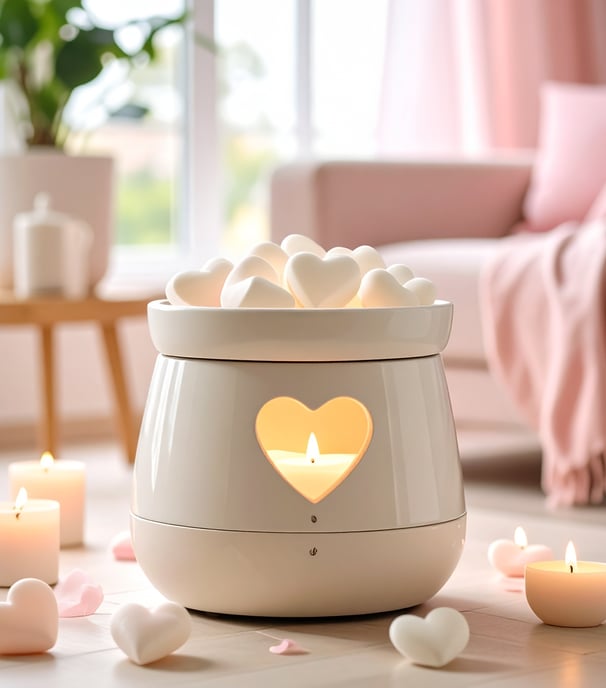 Contemporary white wax melter with wax melts in a modern living space