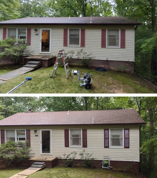 guys power wash & detailing before and after comparison of house and roof wash in mechanicsville md