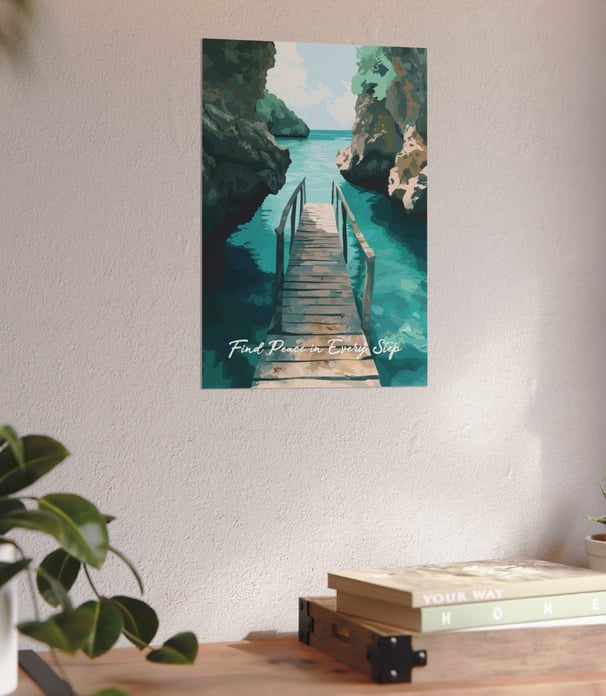 a pastel watercolor travel poster of a wooden pier
