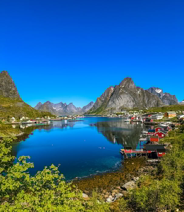 anoramic view of Reine and fjords from Reinebringen, near Maritime Munchies fish and chips - Lofoten