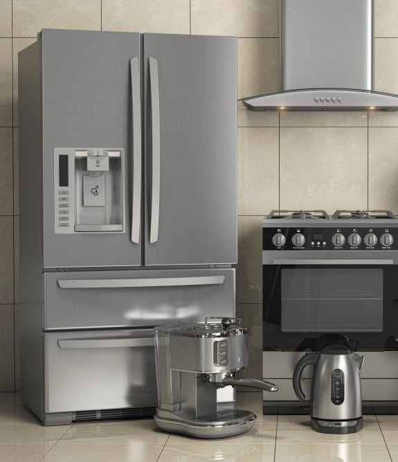 a kitchen with appliances and appliances in it