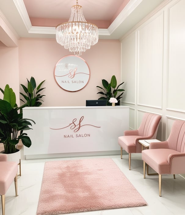 a salon with pink chairs and a chandelier