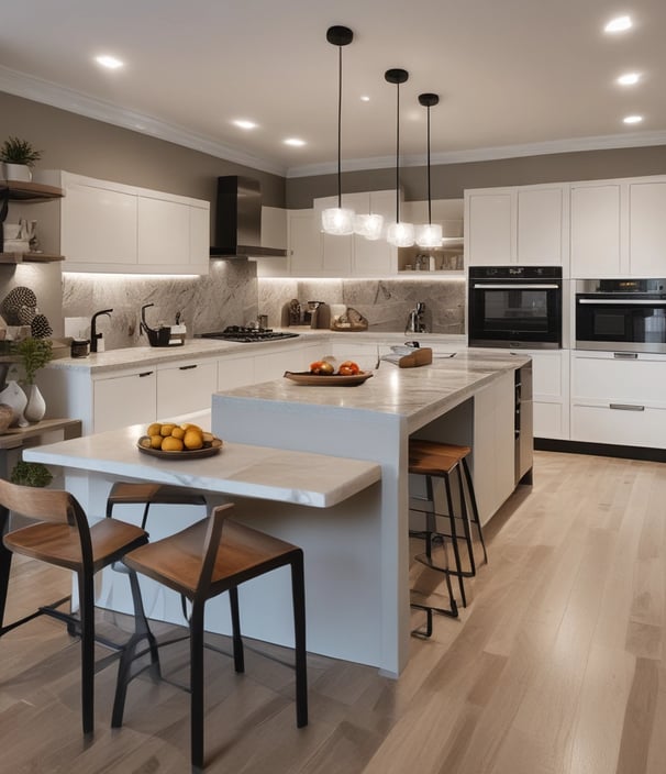 a kitchen with a table and chairs and a bowl of fruit