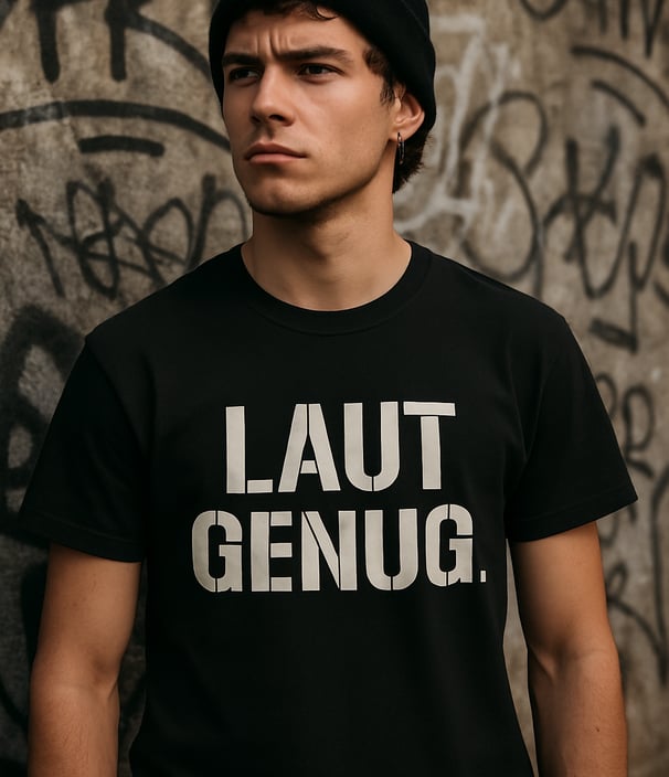 Ein junger Mann mit ernster Miene trägt ein schwarzes T-Shirt mit der weißen, groß gedruckten Aufsch