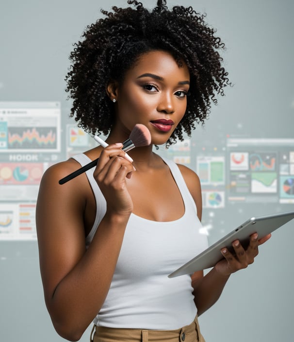 a woman with a tablet computer and a makeup brush in the other hand