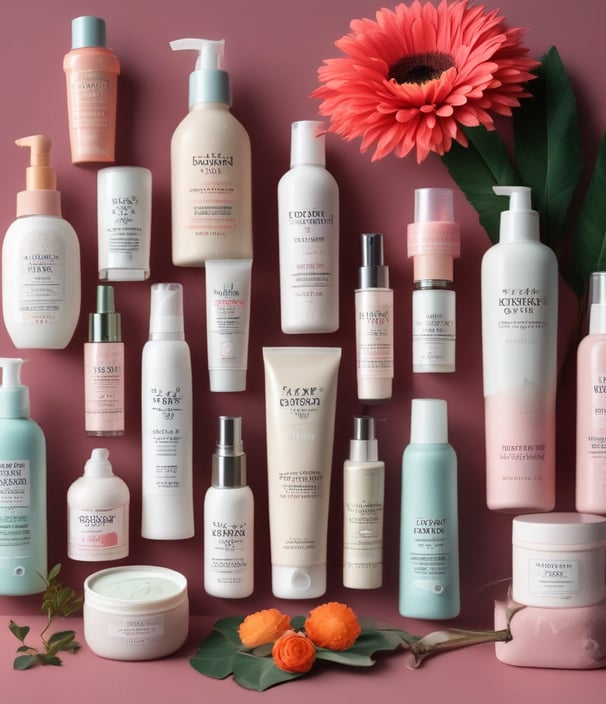 A collection of skincare and beauty products laid out on a surface. The items include a sachet labeled 'Love Beauty and Planet' featuring a floral design with pink flowers, a small dropper bottle with a dark cap, a white packet labeled 'Beautycounter Overnight Resurfacing Peel,' and a makeup brush with dark bristles and a metallic handle.
