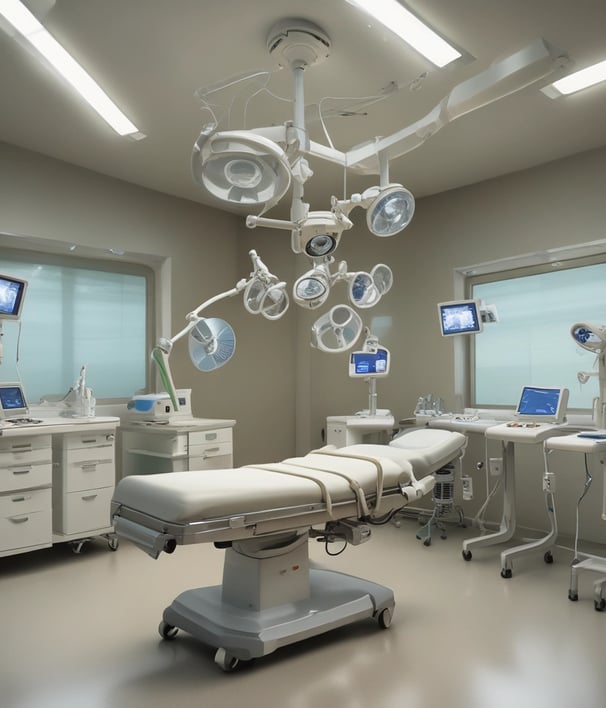 An assortment of medical equipment including monitors, dials, and gauges is present, possibly used for anesthesia or patient monitoring in a healthcare setting. There are various knobs and labels indicating settings for oxygen and nitrous oxide management. A tray contains a packaged medical device labeled 'Hand Piece.'