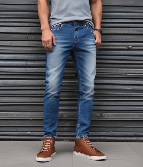 Dark blue denim fabric featuring a close-up of a front-pocket design with contrasting orange stitching, white button closures, and a small red tag with white text.