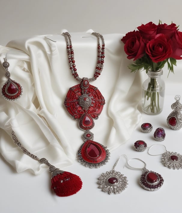 a vase with flowers and jewelry on a white cloth