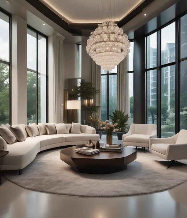 An ornate room with luxurious vintage furniture, intricate molding on the walls, and classical sculptures. The color palette includes soft whites, golds, and browns with elegant chandeliers contributing to the space. Large windows with flowing curtains allow natural light to enter, enhancing the opulence of the room. Decorative wall-mounted lights, a round table with vases, and a plush rug complete the rich interior decor.