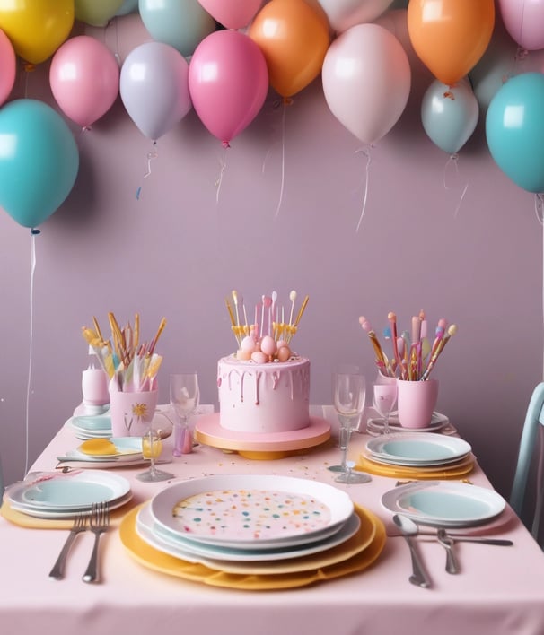 A festive birthday setup with pink and pastel decorations. Balloons are seen in the background alongside a pink 'Happy Birthday' banner on the wall. A table is adorned with various elements, including a tiered cupcake stand, a cake under a glass dome, plates, cups with yellow straws, and a party hat. Floral arrangements add a touch of elegance to the decor.