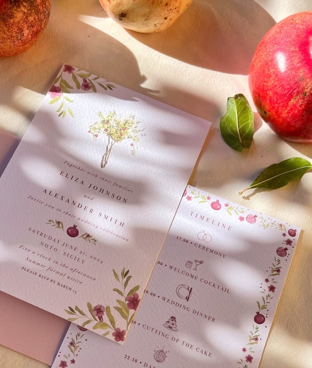 custom watercolor invitation and weekend details card for a destination wedding in Noto Sicily Italy