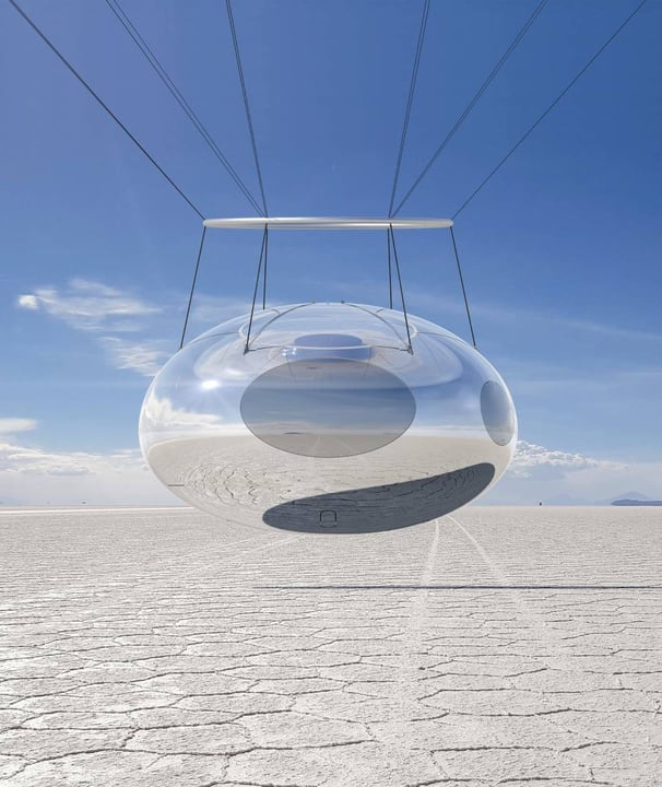 Glass pod over salt flats – Futuristic transparent capsule suspended above vast white salt desert.