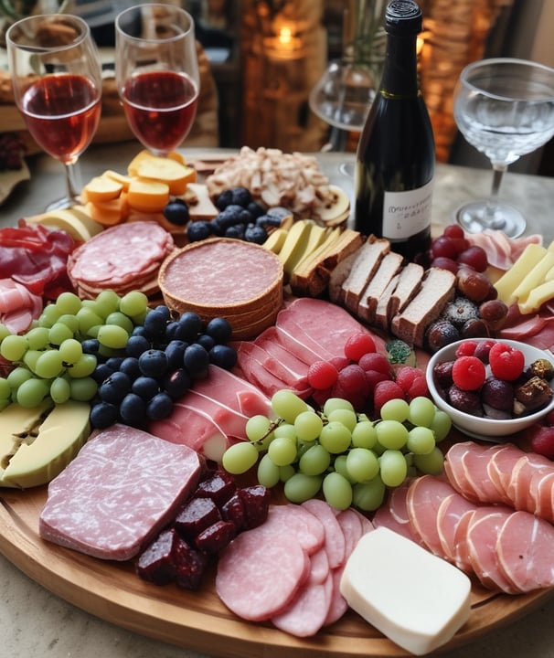 A charcuterie board adorned with a variety of foods, including slices of cheese, cured meats, crackers, strawberries, blueberries, cucumber slices, nuts, a small bowl of creamy dip, and sprigs of rosemary for garnish.