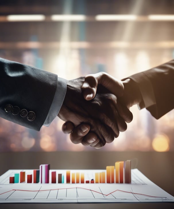 two hands shaking hands with a chart of graphs