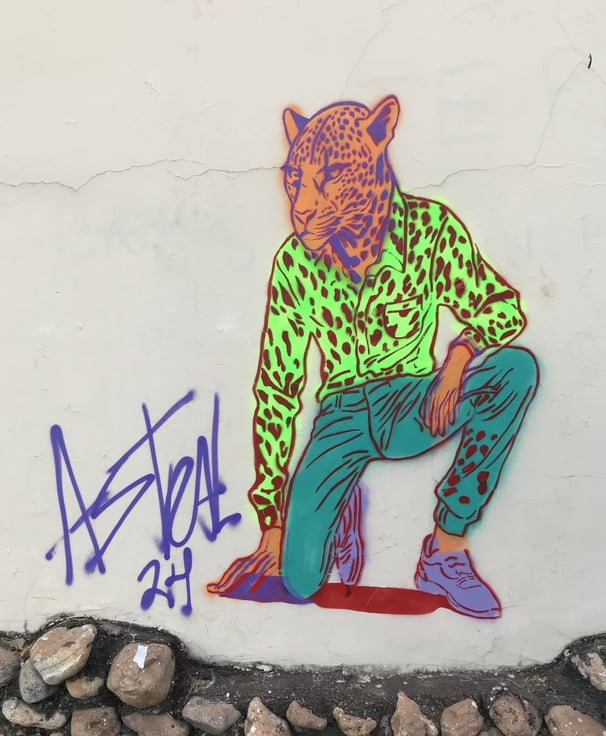 Onças humanas em murais de arte urbana por Sérgio Astral em Barra do Garças.