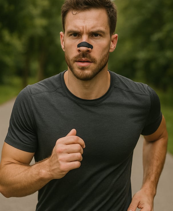 Hombre haciendo deporte usando una tira nasal negra RESPIRA+ sobre la nariz.