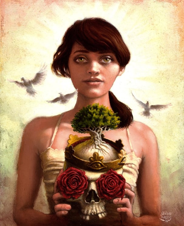 woman holding skull roses in eyes sockets gold crown tree growing out of skull painting Gabe Wells