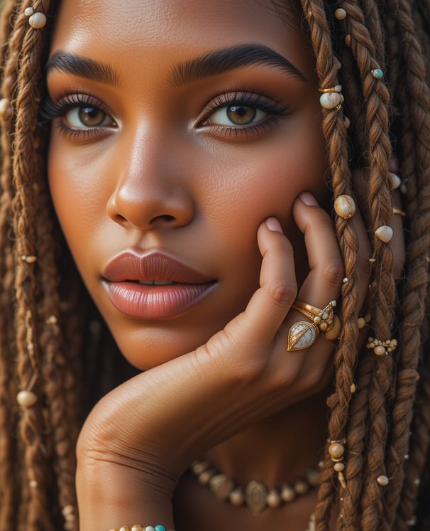 a woman with braid hair and a pearl necklace