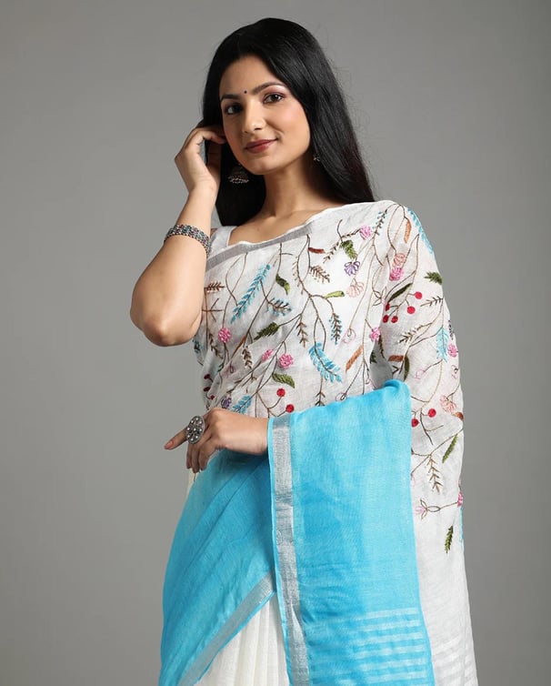 Linen Embroidery handwork sareeb
