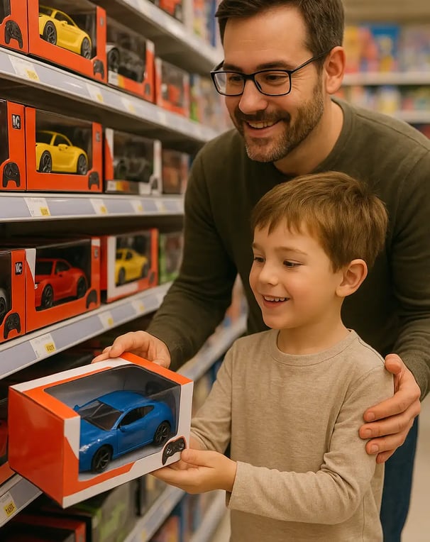 niño eligiendo un carro a control remoto en el supermercado