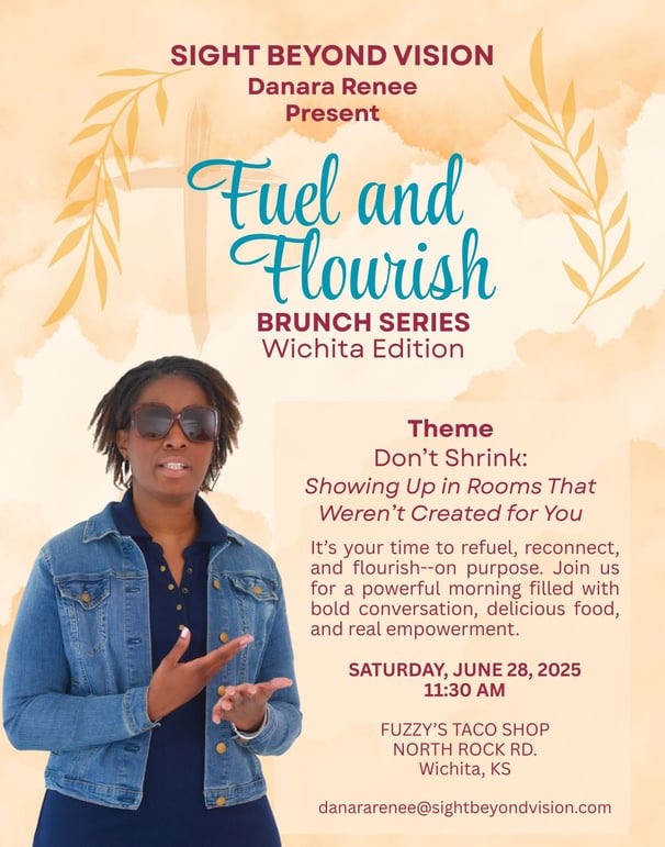 Advertisement featuring a woman with eyewear and jean jacket speaking